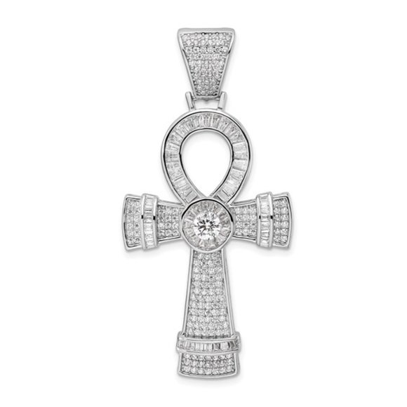 925 Sterling Silver Rhodium-plated Polished Large Unisex CZ Ankh Cross Pendant - Picture 1 of 4